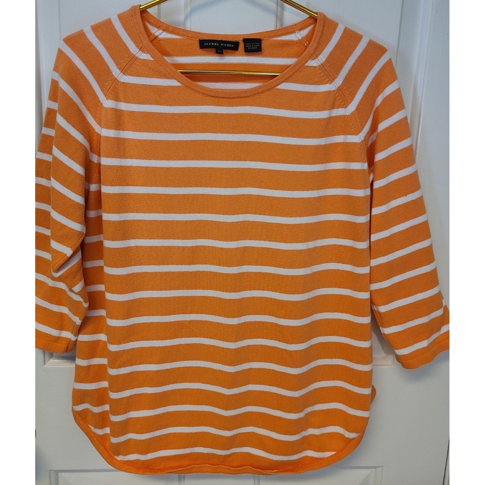 Jeanne Pierre top Lg 100% cotton, orange & white stripped Boat neck nautical